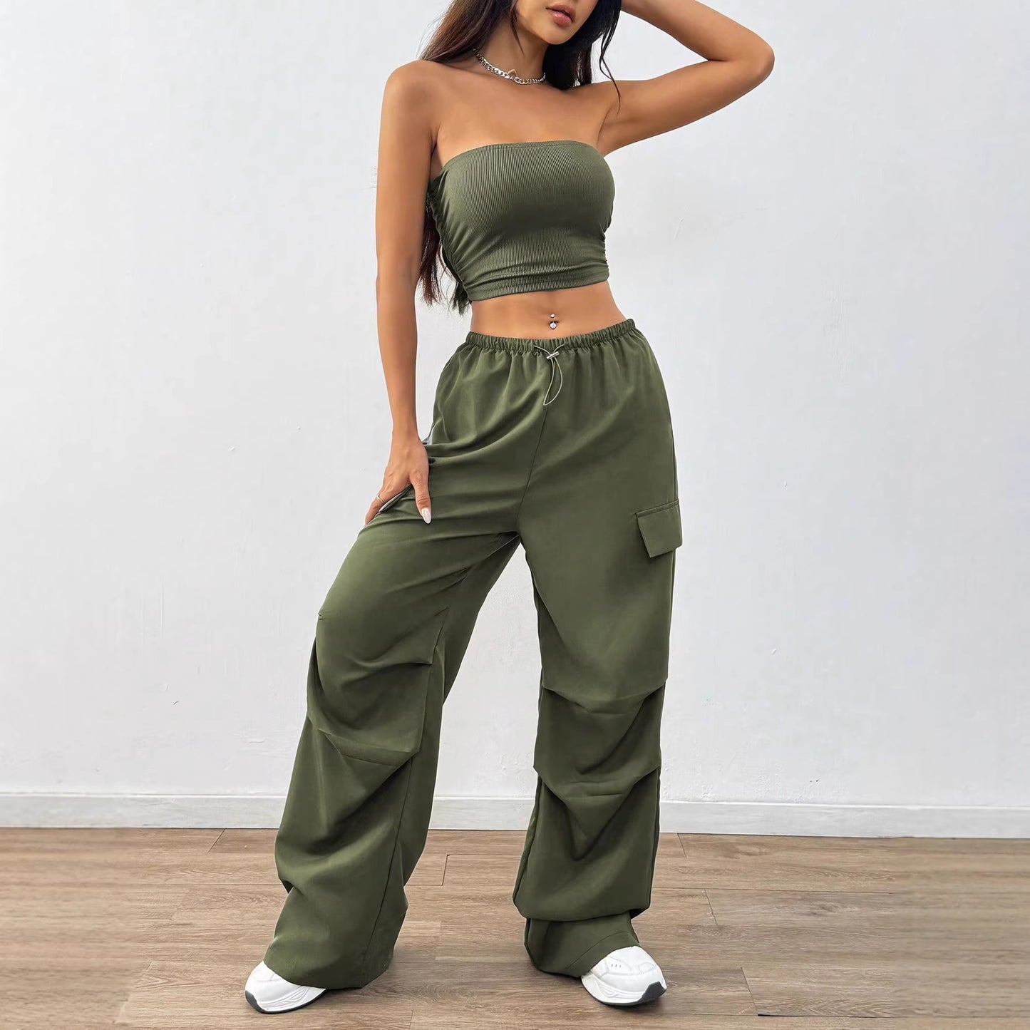 Womens Solid-Color Casual Tube Top And Overalls Two-Piece Set