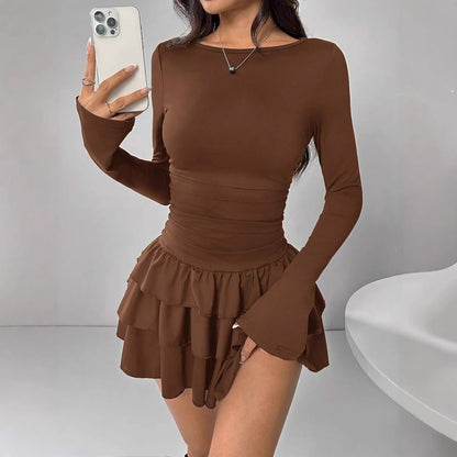 Round-neck Sheath Dress With Pleats And Long Sleeves