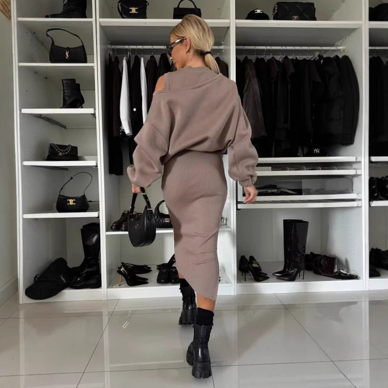 Womens Relaxed Off-shoulder Batwing-sleeve Cropped Top And Tank Dress Set