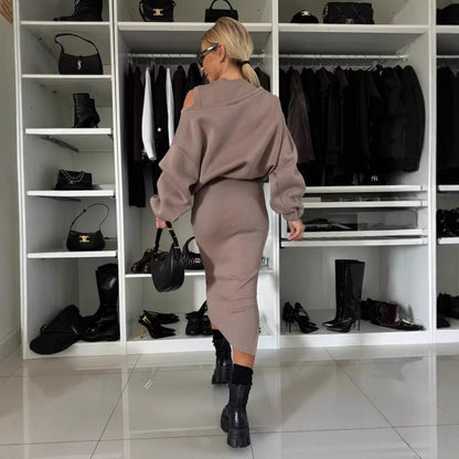 Womens Relaxed Off-shoulder Batwing-sleeve Cropped Top And Tank Dress Set