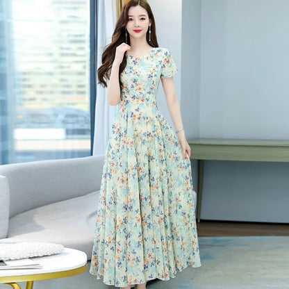 Womens Short Sleeve Floral Dress High Waisted And Loose Fitting