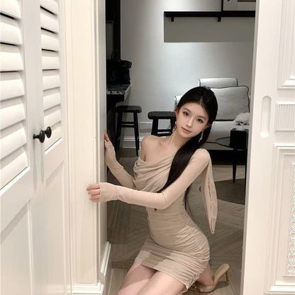 Womens Sexy Sheer Glitter Long-Sleeve Dress