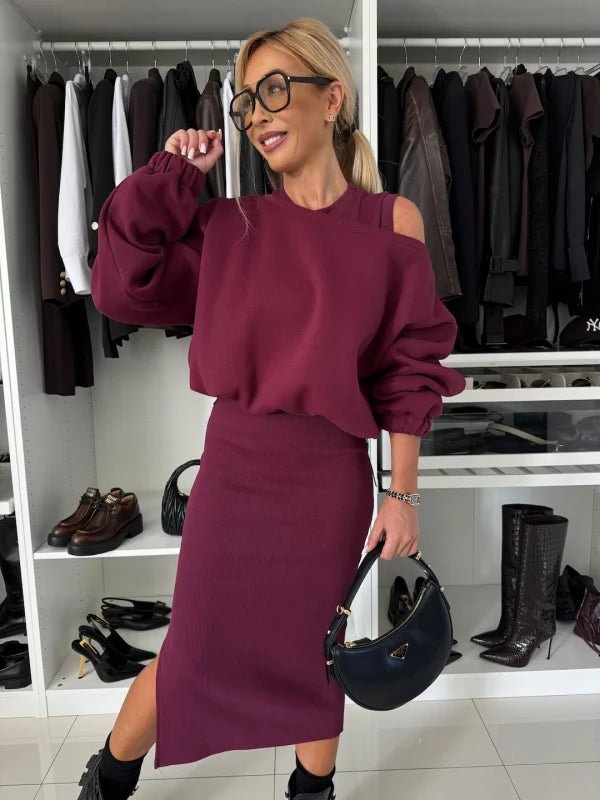 Womens Relaxed Off-shoulder Batwing-sleeve Cropped Top And Tank Dress Set