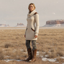 Vestido Feminino Slim Fit Off-White com Gola Alta e Painéis em Couro