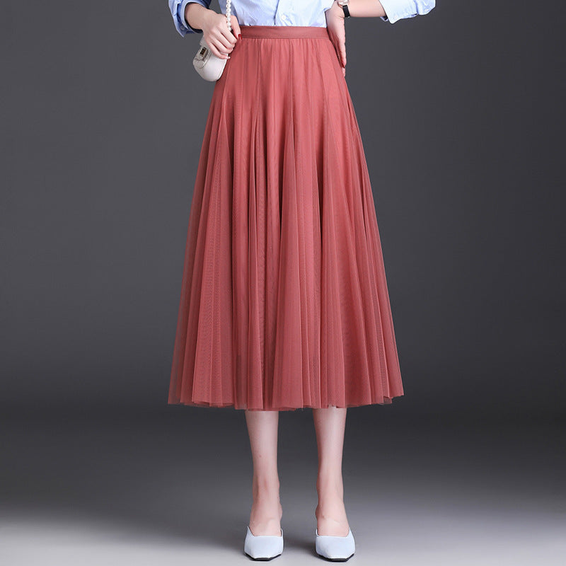 Womens Mid-Waist Pleated Flowy Mesh Lace Skirt