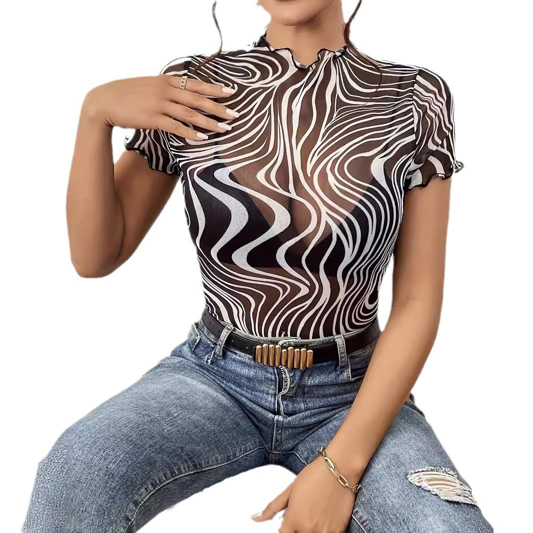 Elegant Womens Mesh Top With Floral Print Striped Design And Ruffle Trim Short Sleeves