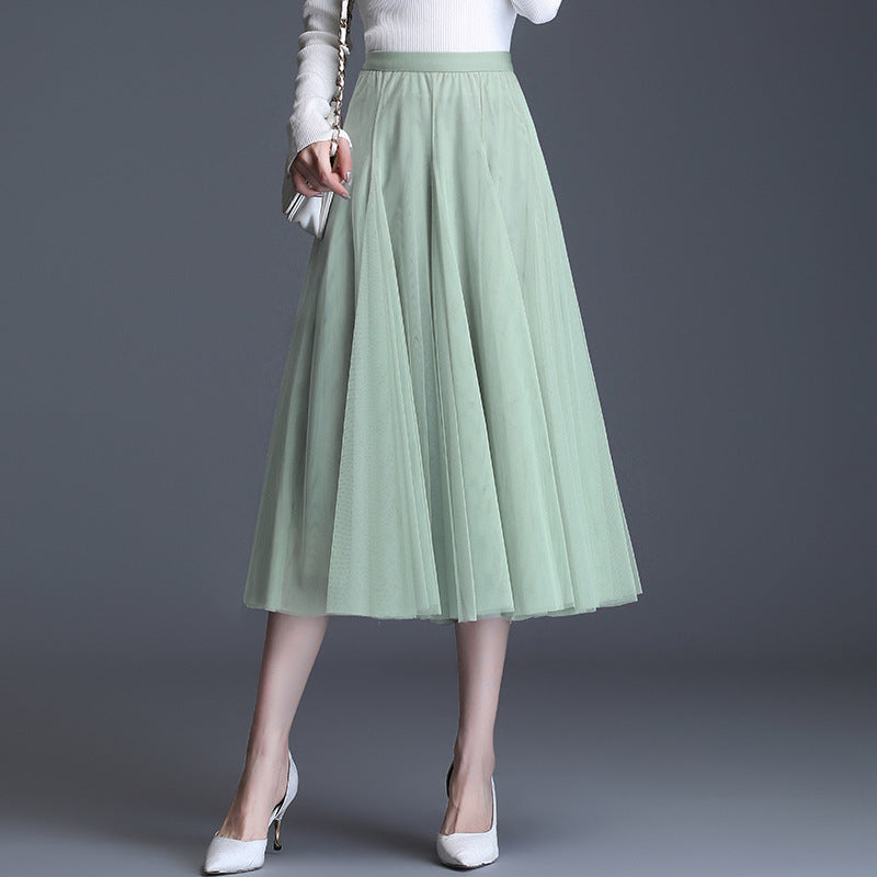 Womens Mid-Waist Pleated Flowy Mesh Lace Skirt