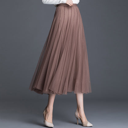 Womens Mid-Waist Pleated Flowy Mesh Lace Skirt