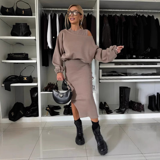 Womens Relaxed Off-shoulder Batwing-sleeve Cropped Top And Tank Dress Set