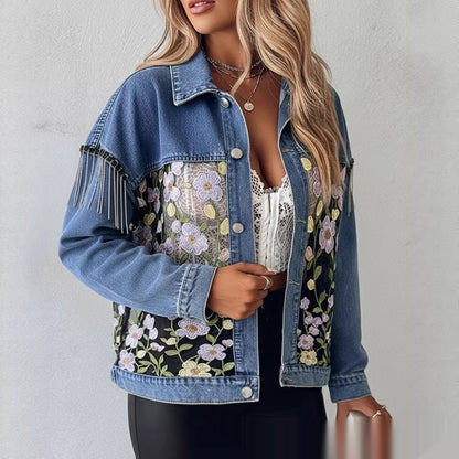 Blue Casual Denim Jacket With Embroidered Floral Lace Panels And A Turn Down Collar