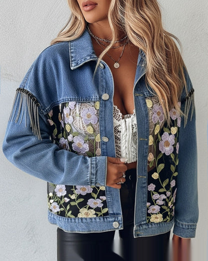 Blue Casual Denim Jacket With Embroidered Floral Lace Panels And A Turn Down Collar