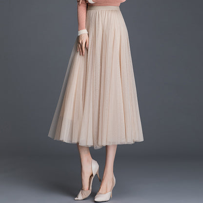 Womens Mid-Waist Pleated Flowy Mesh Lace Skirt