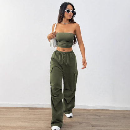 Womens Solid-Color Casual Tube Top And Overalls Two-Piece Set