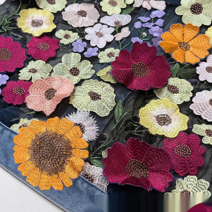 Blue Casual Denim Jacket With Embroidered Floral Lace Panels And A Turn Down Collar