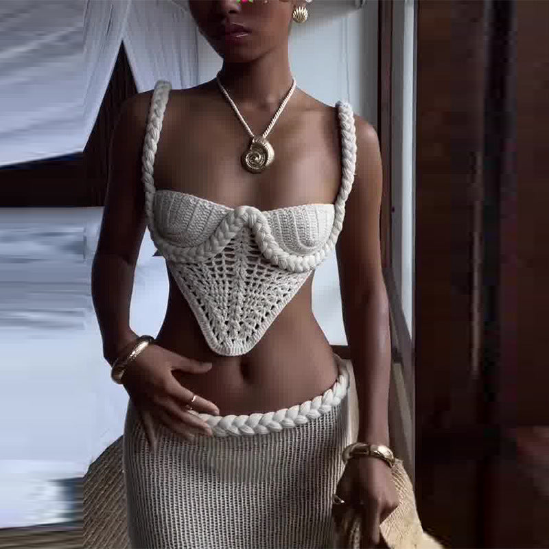 Conjunto Feminino Crochê Top e Saia Longa Y2K