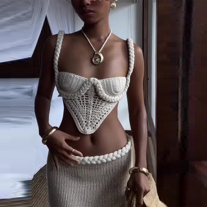 Conjunto Feminino Crochê Top e Saia Longa Y2K