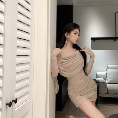 Womens Sexy Sheer Glitter Long-Sleeve Dress