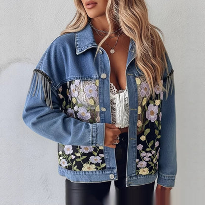 Blue Casual Denim Jacket With Embroidered Floral Lace Panels And A Turn Down Collar
