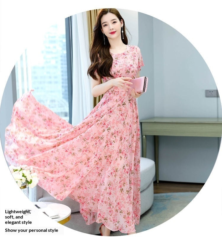 Womens Short Sleeve Floral Dress High Waisted And Loose Fitting