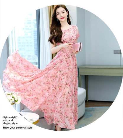 Womens Short Sleeve Floral Dress High Waisted And Loose Fitting