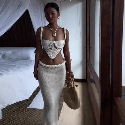 Conjunto Feminino Crochê Top e Saia Longa Y2K