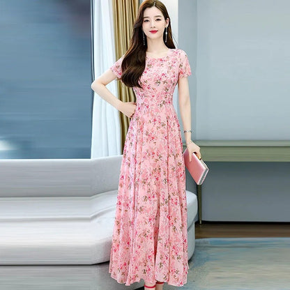 Womens Short Sleeve Floral Dress High Waisted And Loose Fitting