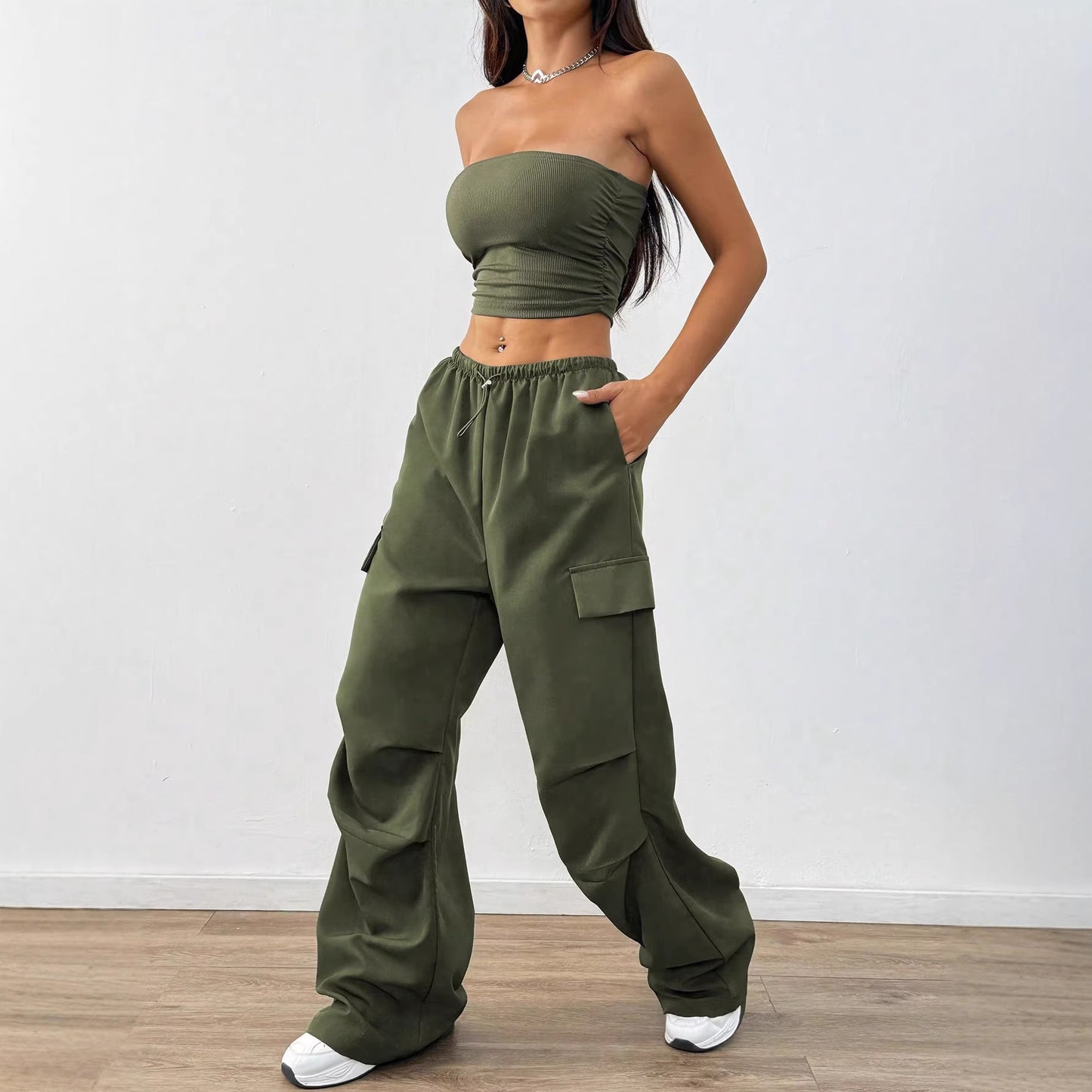 Womens Solid-Color Casual Tube Top And Overalls Two-Piece Set