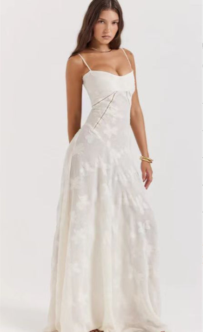 Vestido Longo Feminino Elegante com Alças e Renda